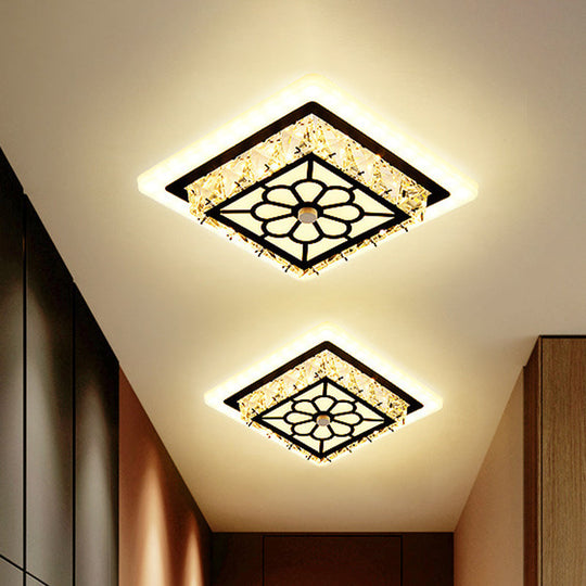 Modern Black Floral Pattern Crystal Led Ceiling Light - Beveled Round/Square Flushmount Lamp For