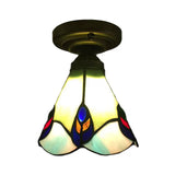Tiffany Style Floral Semi Flush Ceiling Light Fixture In Aged Brass For Bedroom - Stained Glass 6.5