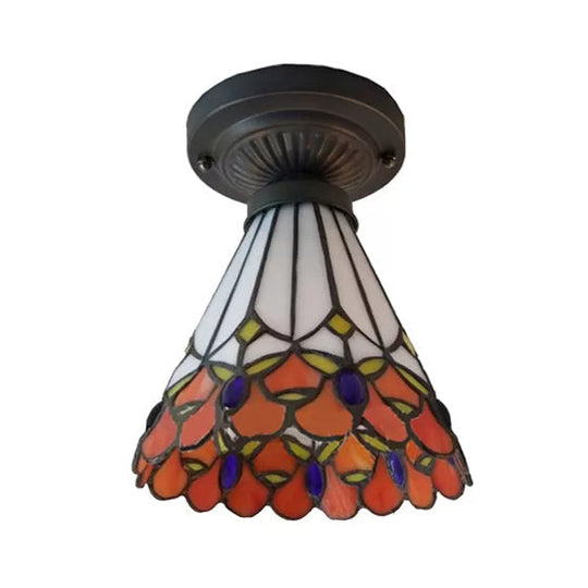 Bronze Mini Semi Flush Mount Tiffany Style Ceiling Light With Stained Glass Floral Shade - 8’H X 6’D