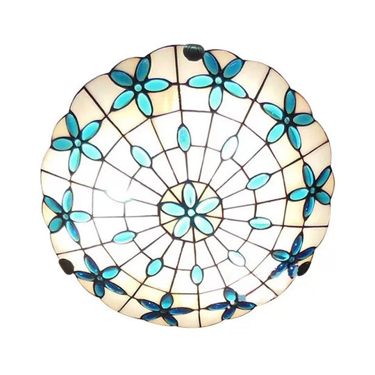 Tiffany Stained Glass Ceiling Light Blue - 3-Lights Flushmount With Bowl Shade Jewel 5H X 16D