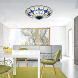 Blue Stained Glass Ceiling Light - Tiffany Style Floral Shade 3-Light Flush Mount For Bedroom White