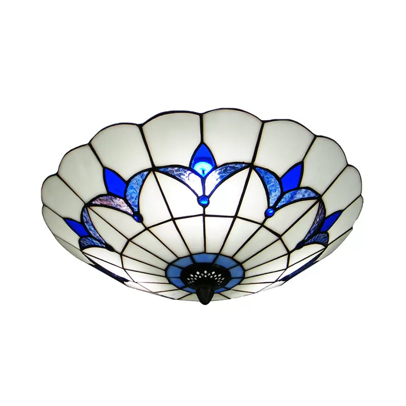 Blue Stained Glass Ceiling Light - Tiffany Style Floral Shade 3 - Light Flush Mount For Bedroom