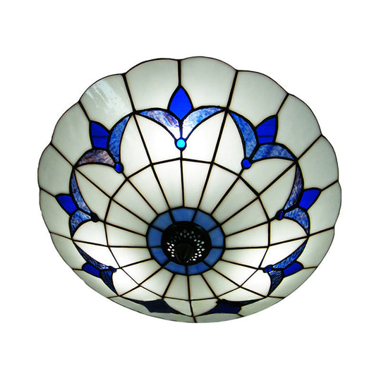 Blue Stained Glass Ceiling Light - Tiffany Style Floral Shade 3-Light Flush Mount For Bedroom