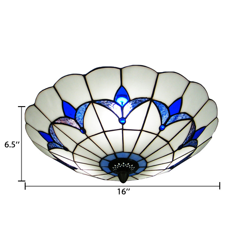 Blue Stained Glass Ceiling Light - Tiffany Style Floral Shade 3-Light Flush Mount For Bedroom