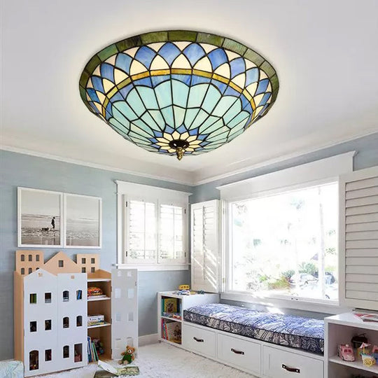 Tiffany Style Stained Glass Semi Flush Light - Blue Ceiling Fixture For Living Room 5 H X 16 Dia