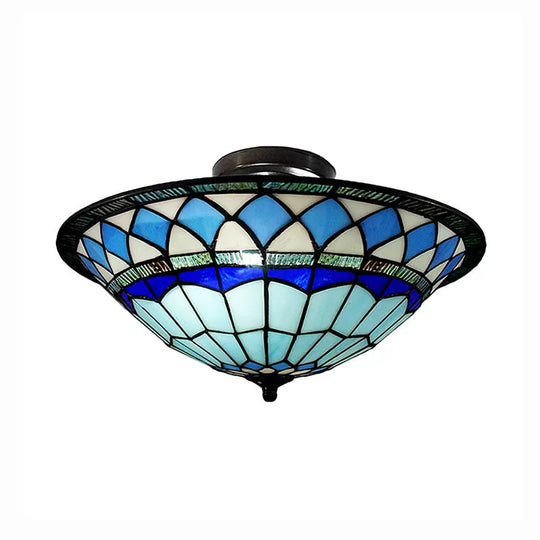 Tiffany Style Stained Glass Semi Flush Light - Blue Ceiling Fixture For Living Room 5 H X 16 Dia