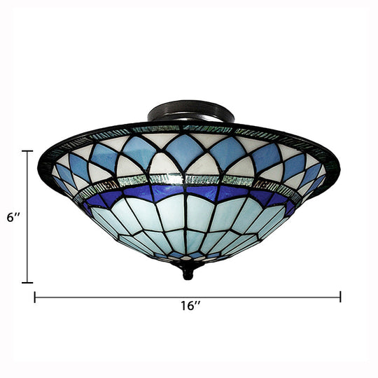 Tiffany Style Stained Glass Semi Flush Light - Blue Ceiling Fixture For Living Room 5’ H X 16’