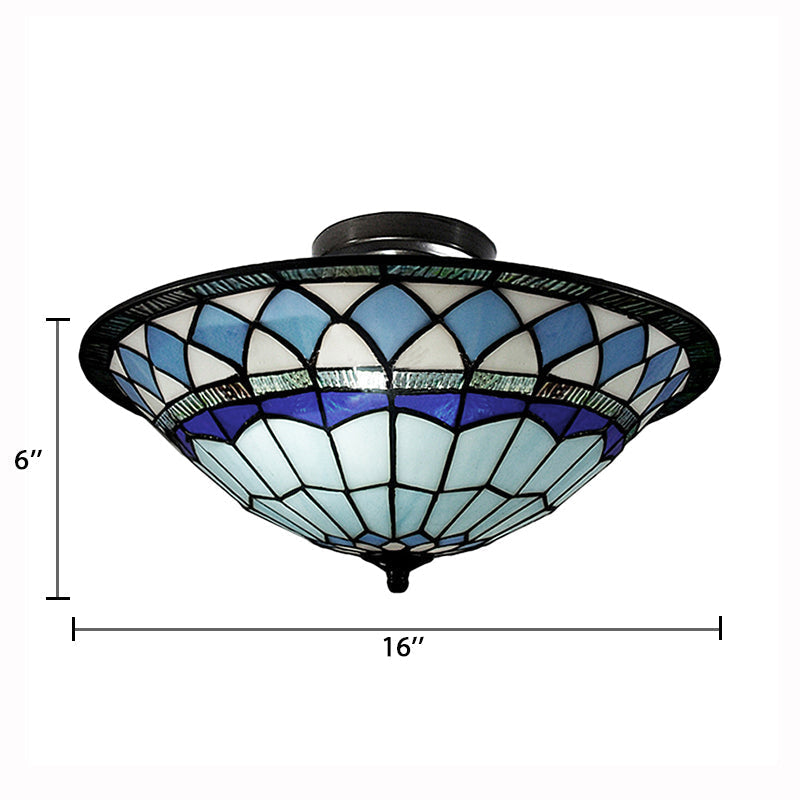 Tiffany Style Stained Glass Semi Flush Light - Blue Ceiling Fixture For Living Room 5 H X 16 Dia