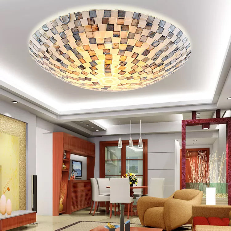 Tiffany Shell Flush Mount Ceiling Light In Beige - 2 Lights Bowl Shade 8’ H X 12’ Diameter