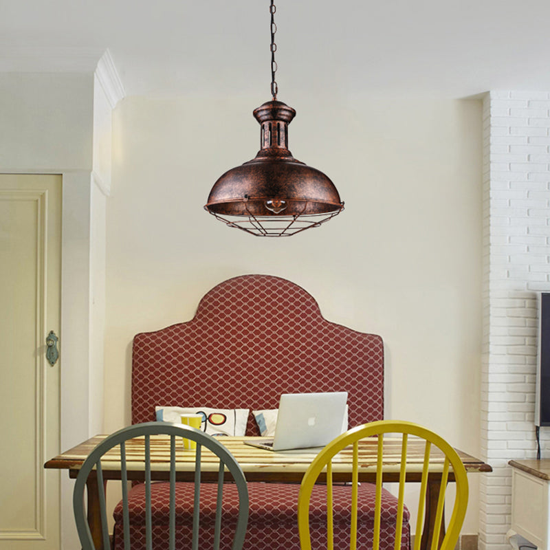 Rust Finish Iron Hanging Ceiling Light - 1 Head Bowl Fixture For Warehouse With Wire Frame