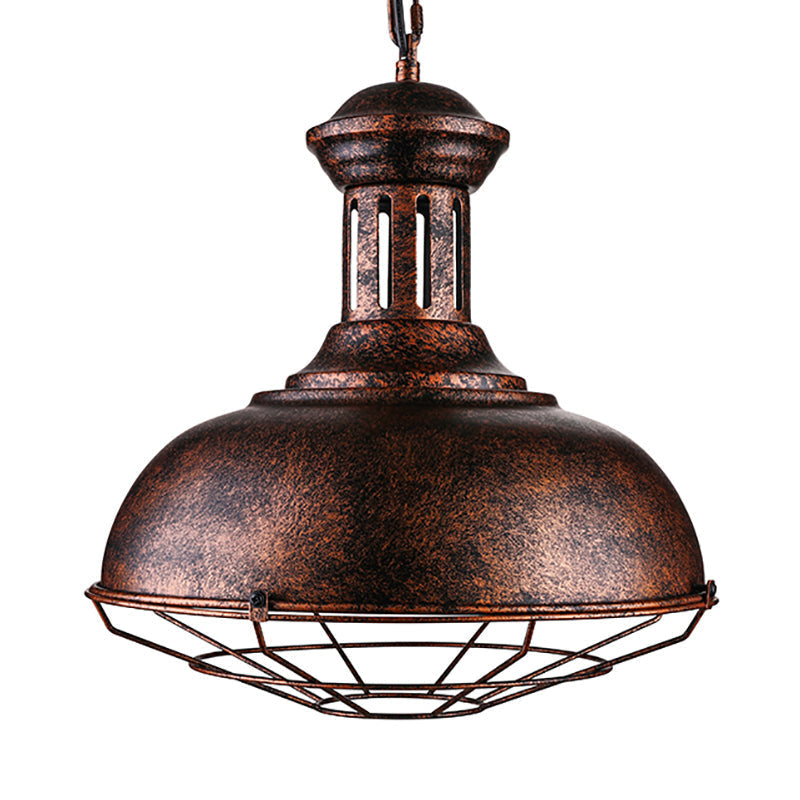 Rust-Finish Iron Hanging Ceiling Light For Warehouse With Wire Frame