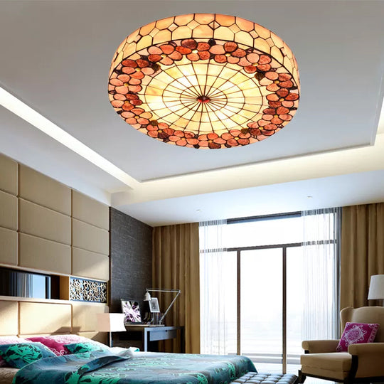Tiffany Bedroom Ceiling Lights - 4 - Light Flush Mount Fixture With Stained Glass Drum Shade And