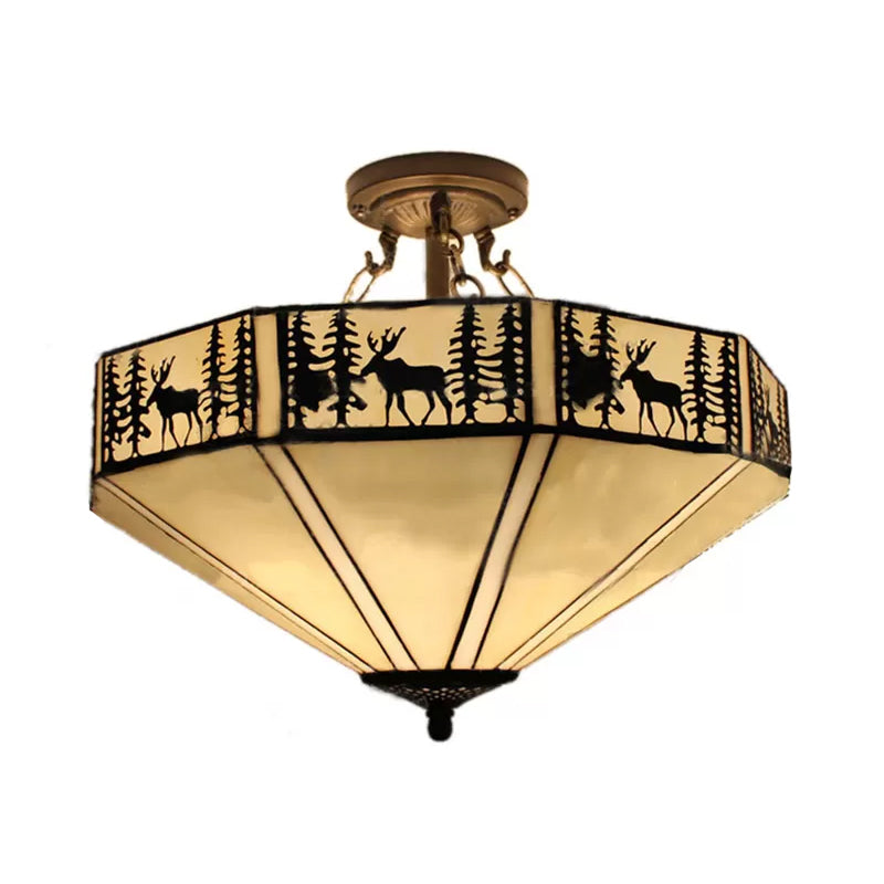 Antique Brass Ceiling Light: 2 - Light Mission Semi Flush With Dear And Tree Pattern