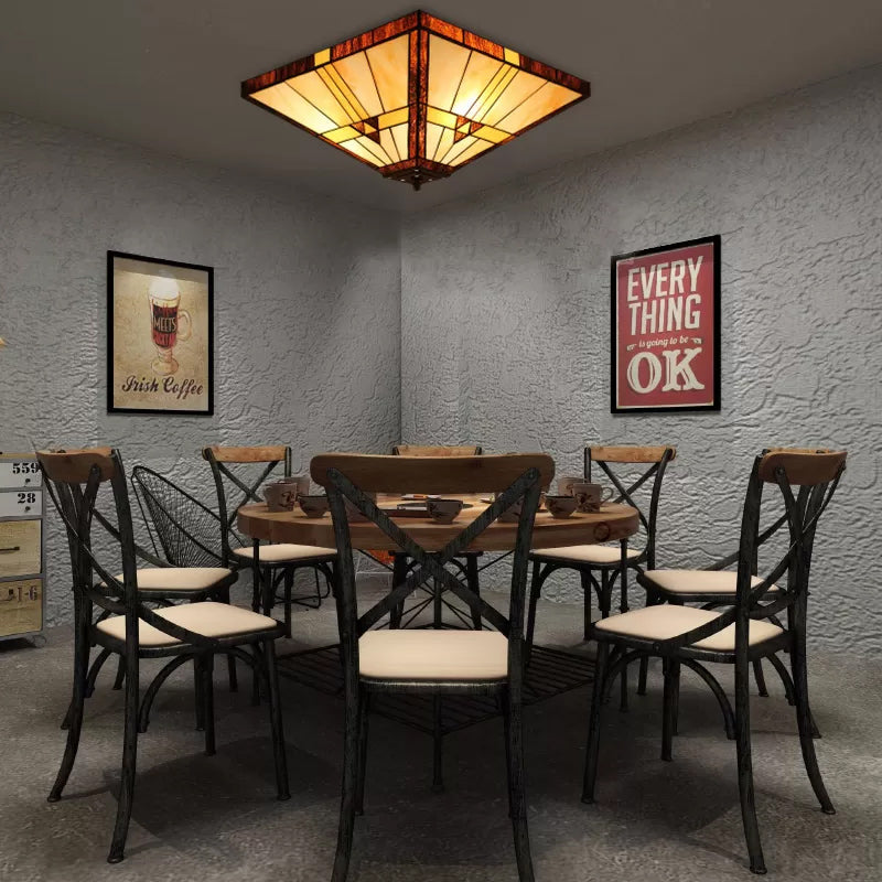 Mission Stained Glass Ceiling Light Fixture - 2-Lights Small Flush Mount With Pyramid Shade Bedroom