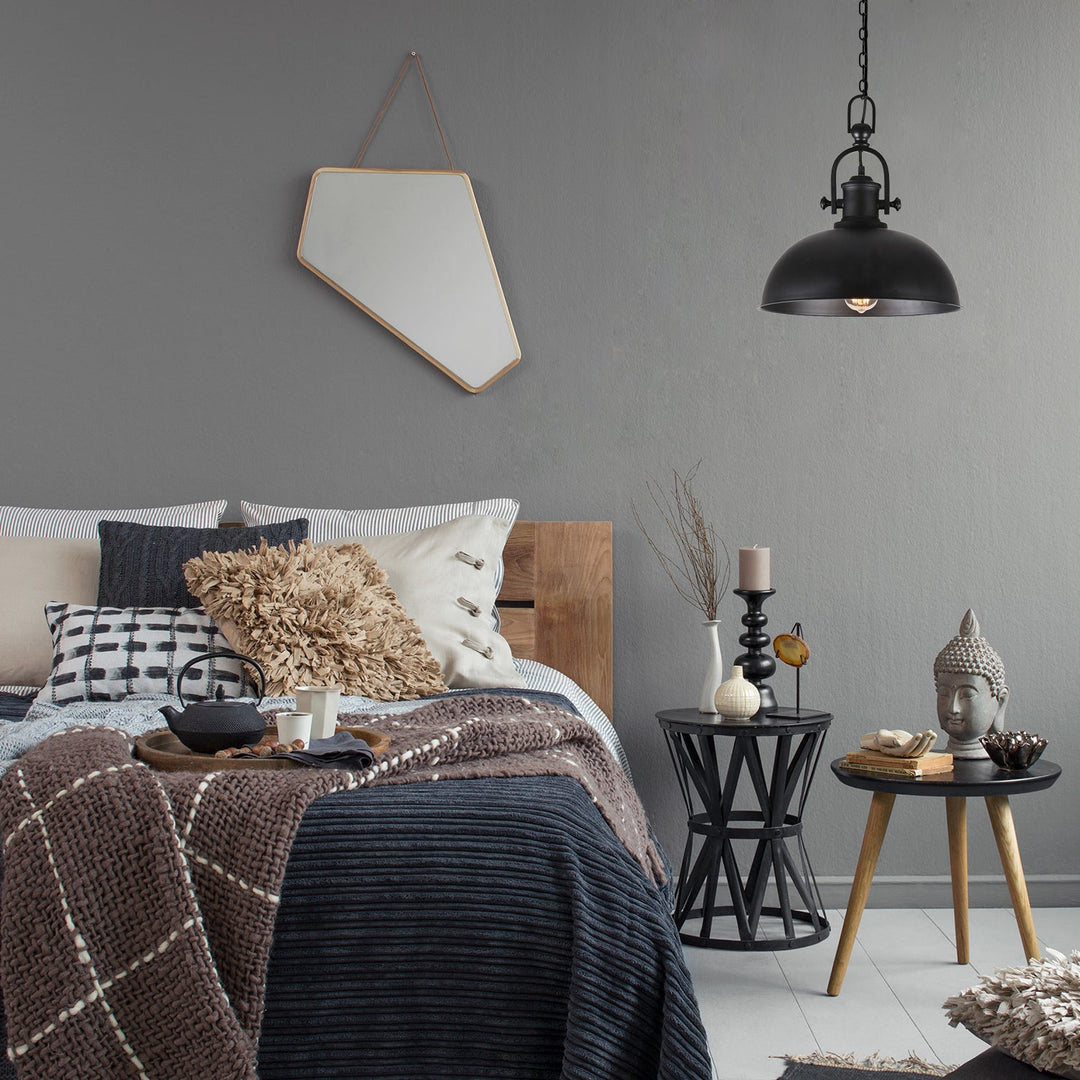 Industrial Pendant Light With Adjustable Chain - Bowl Shade Metal Black