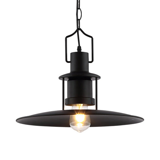 Industrial Metal Pendant Light - Flat Cone Shade 1-Light Dining Room Hanging Fixture In Black 16’