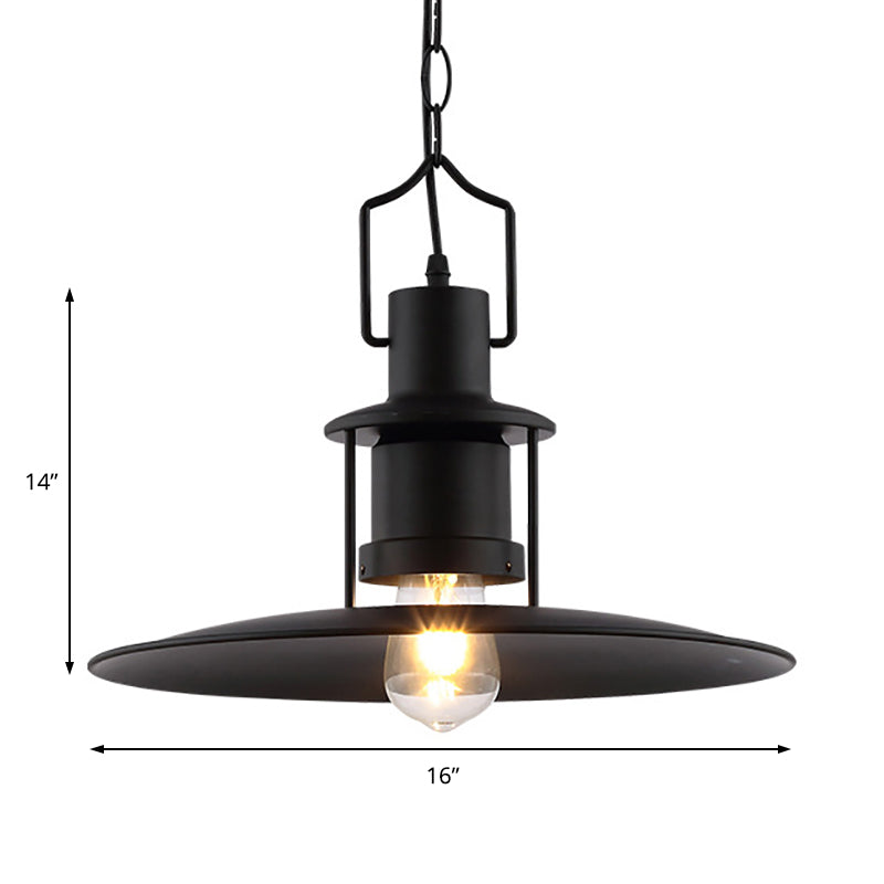 Industrial Metal Pendant Light - Flat Cone Shade 1-Light Dining Room Hanging Fixture In Black 16’