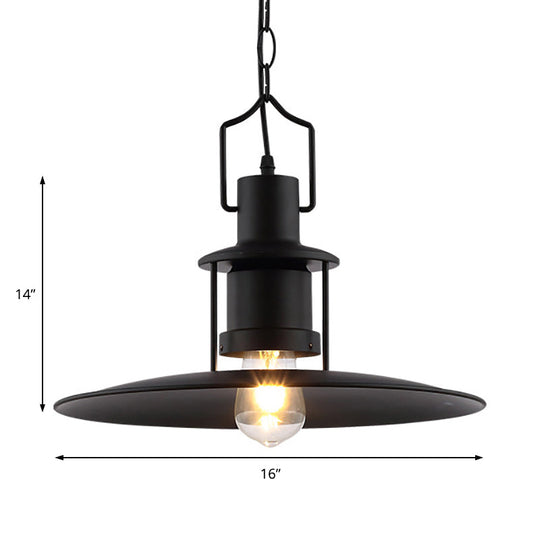 Industrial Metal Pendant Light - Flat Cone Shade 1-Light Dining Room Hanging Fixture In Black 16’