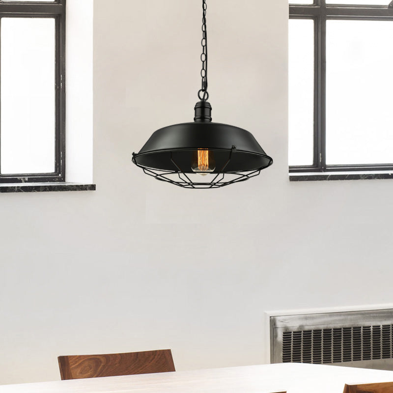 Industrial Black Wire Cage Pendant With Barn Shade - Ceiling Or Dining Table Hanging Fixture