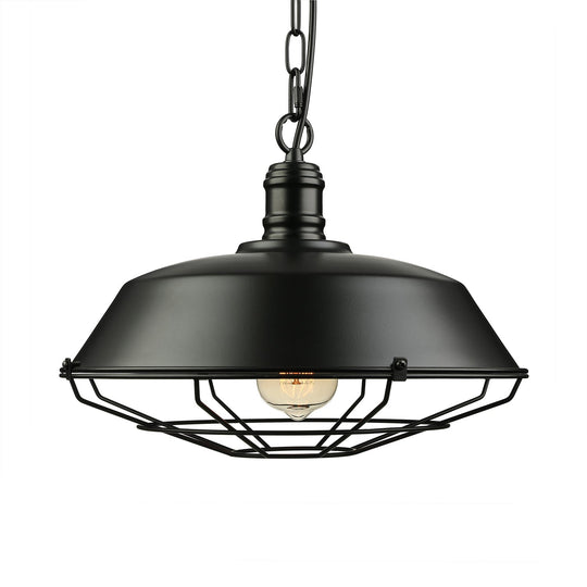 Industrial Wire Cage Pendant Light With Barn Shade - Black