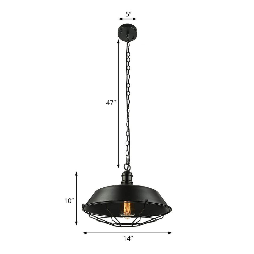 Industrial Black Wire Cage Pendant With Barn Shade - Ceiling Or Dining Table Hanging Fixture