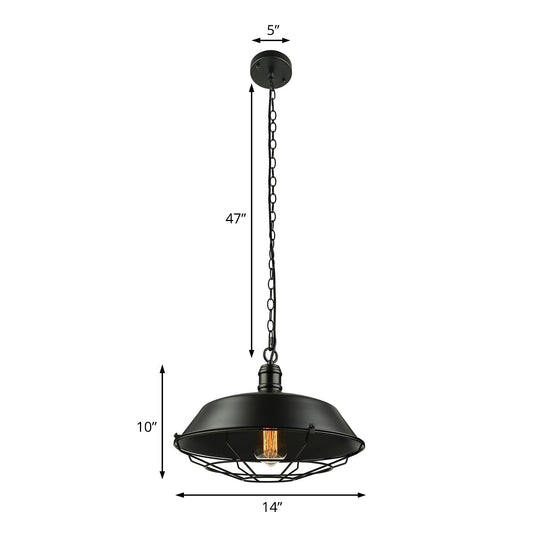 Industrial Wire Cage Pendant Light With Barn Shade - Black