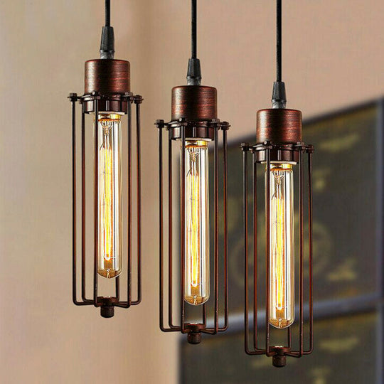 Vintage Style Dark Rust Tube Pendant Light With Wire Guard - Ideal For Kitchen Lighting