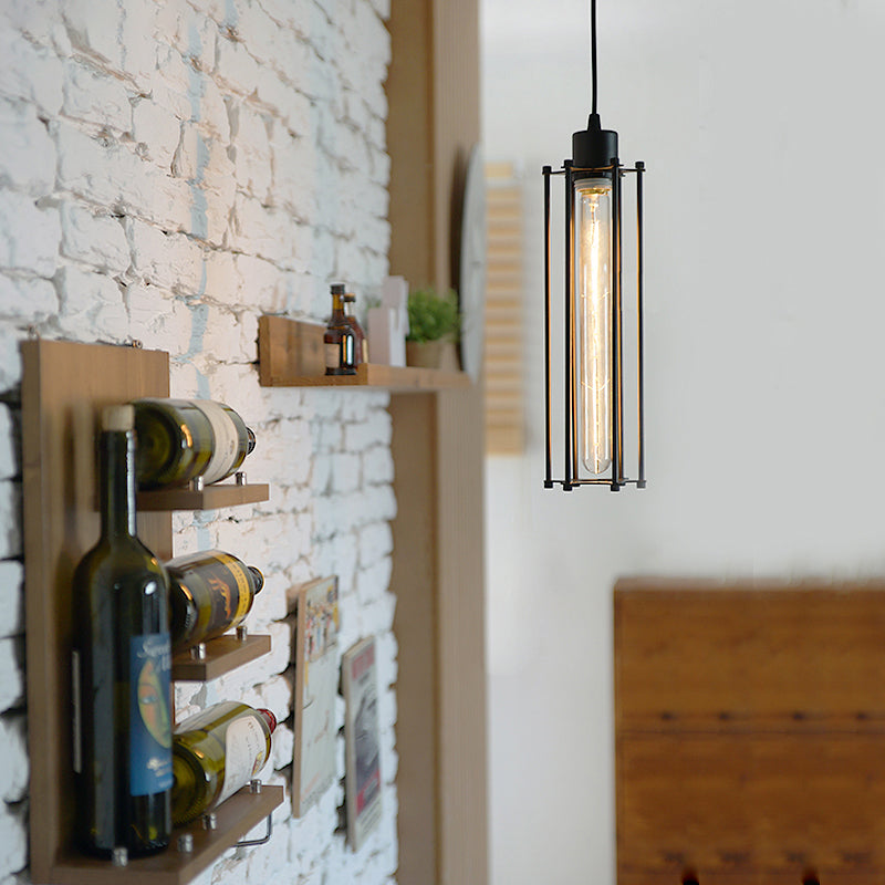 Vintage Style Metal Pendant Light With Cage Shade - Indoor Hanging Ceiling 1 Head Black Finish