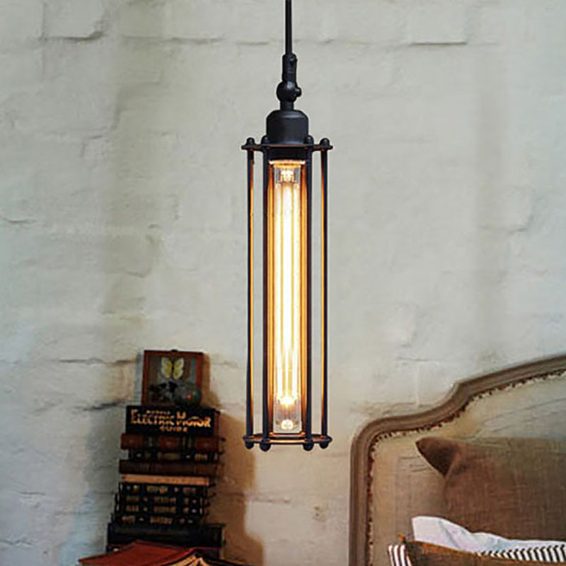 Industrial Metal Pendant Light With Tube Shade And Wire Guard - Black Finish