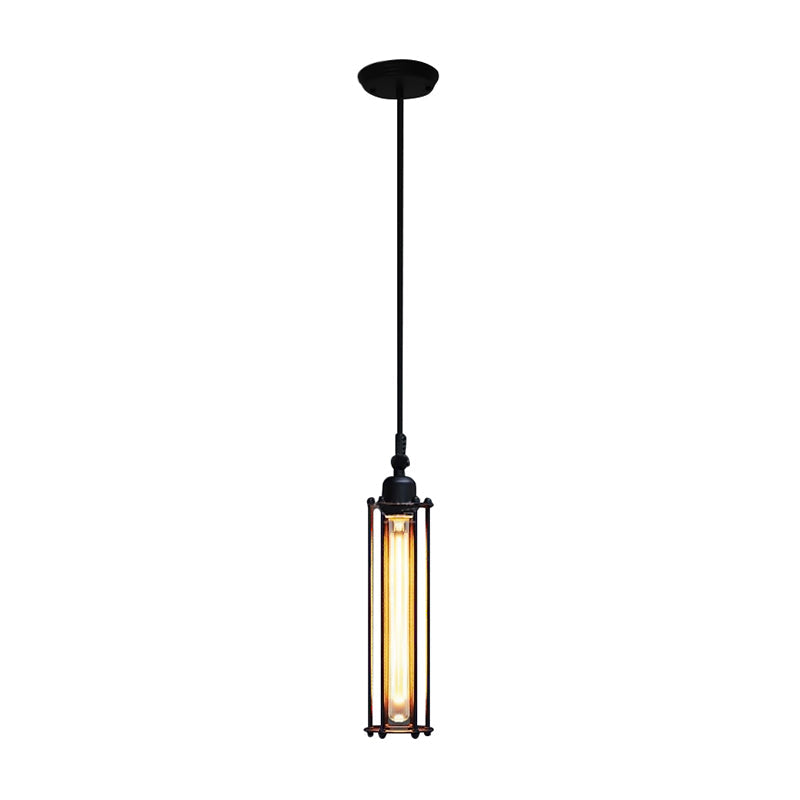 Industrial Metal Pendant Light With Tube Shade And Wire Guard - Black Finish