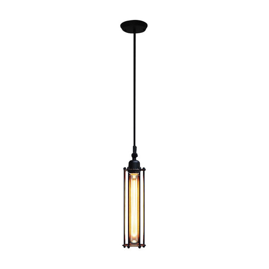 Industrial Metal Pendant Light With Tube Shade And Wire Guard - Black Finish