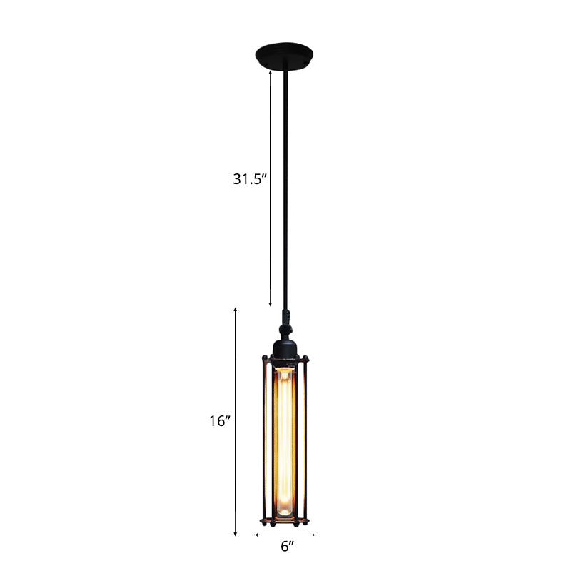 Industrial Hanging Pendant Light With Metal Wire Guard And Tube Shade In Black - Bedroom Lighting