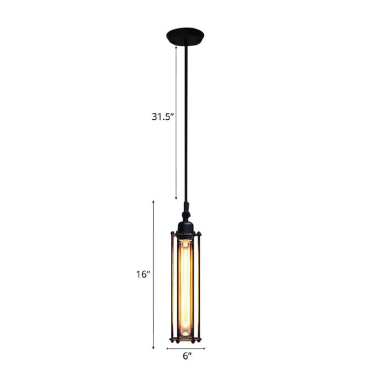 Industrial Hanging Pendant Light With Metal Wire Guard And Tube Shade In Black - Bedroom Lighting