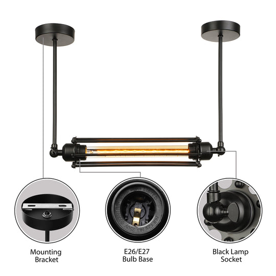 Retro Industrial Black Tube Cage Hanging Pendant Light With Iron Finish - Perfect For Dining Room