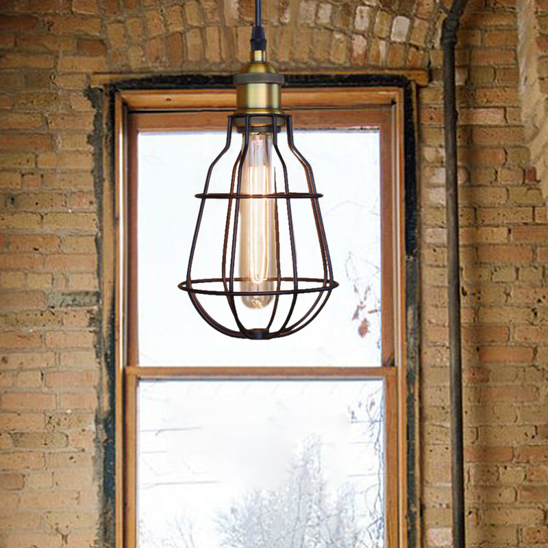 Vintage Metal 1-Head Hanging Pendant Light With Black Cage Shade For Dining Table Ceiling