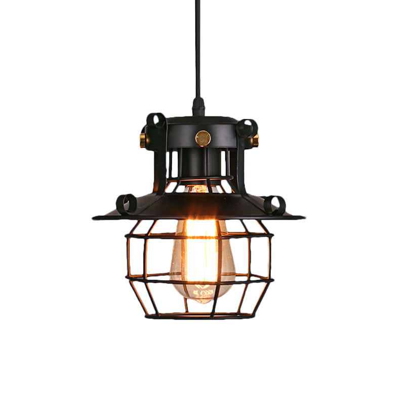 Vintage Industrial Satin Black Iron Pendant Lamp With Dome Cage Shade – Restaurant Ceiling Fixture