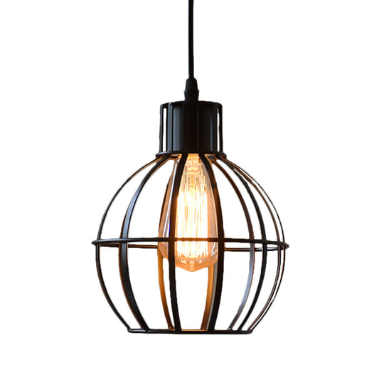 Retro Style Global Cage Pendant Lamp - Metallic Ceiling Fixture For Restaurant In Black