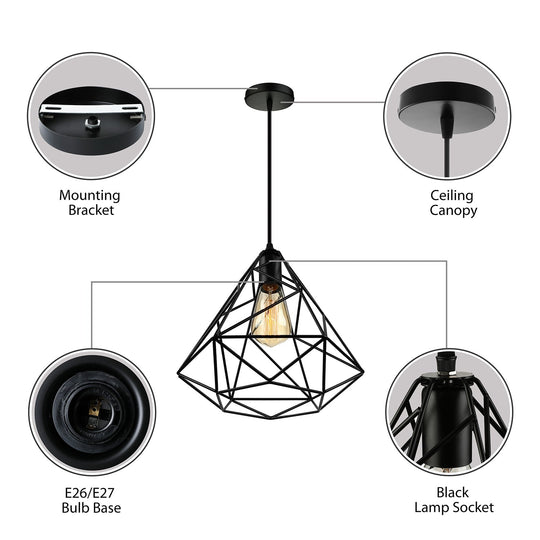 Black Open Cage Metallic Pendant Light For Retro Loft Dining Rooms