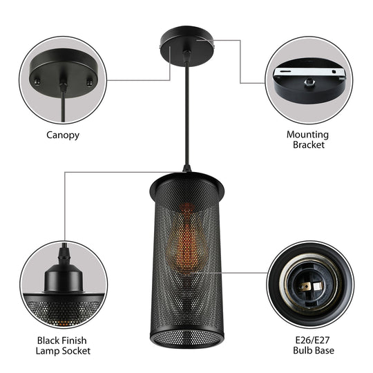 Industrial Black Metal Pendant Light With Mesh Screen - Living Room Hanging Lamp