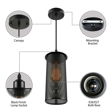 Industrial Black Metal Pendant Light - Cylinder Design With Mesh Screen Ideal For Living Room
