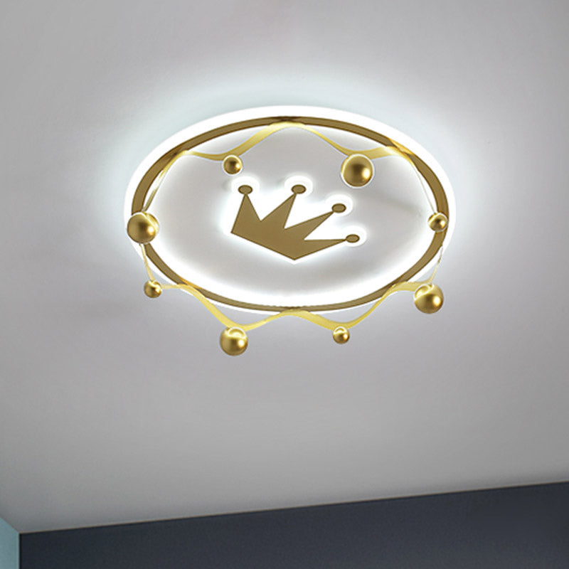 Cartoon Acrylic Led Flush-Mount Ceiling Light With Gold Crown And Ball Finial - Warm/White Lighting