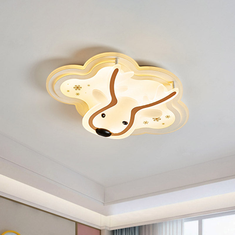 Kids’ Led Flush Ceiling Light - Deer Patterned Cloud Acrylic Bedroom Lamp In White