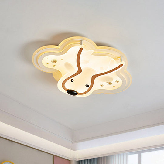 Kids’ Led Flush Ceiling Light - Deer Patterned Cloud Acrylic Bedroom Lamp In White