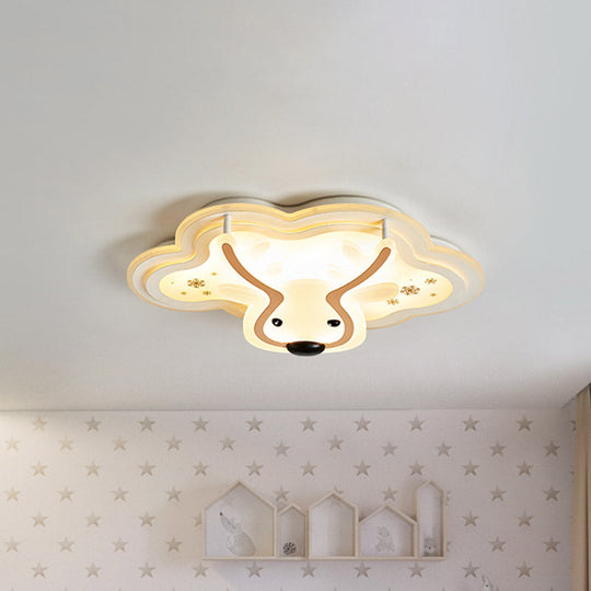 Kids Led Flush Ceiling Light - Deer Patterned Cloud Acrylic Bedroom Lamp In White