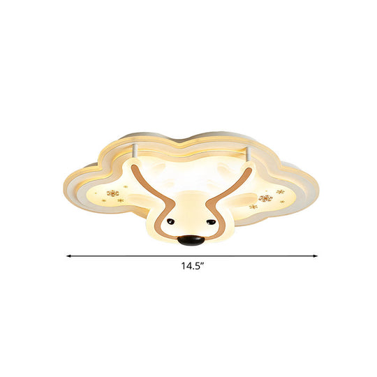 Kids’ Led Flush Ceiling Light - Deer Patterned Cloud Acrylic Bedroom Lamp In White