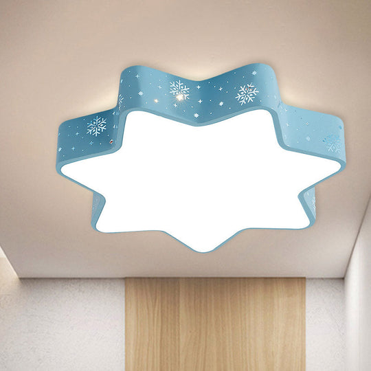Flushmount Iron Macaron Led Ceiling Light For Kindergarten With Snowflake Design In Pink/Blue