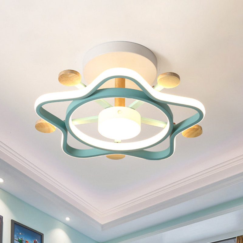Kids Pink/Blue Wood Pentagram Led Semi Flush Light - Ceiling Lighting For Baby Room In Warm/White
