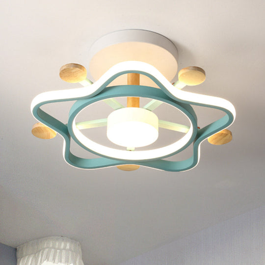 Kids Pink/Blue Wood Pentagram Led Semi Flush Light - Ceiling Lighting For Baby Room In Warm/White
