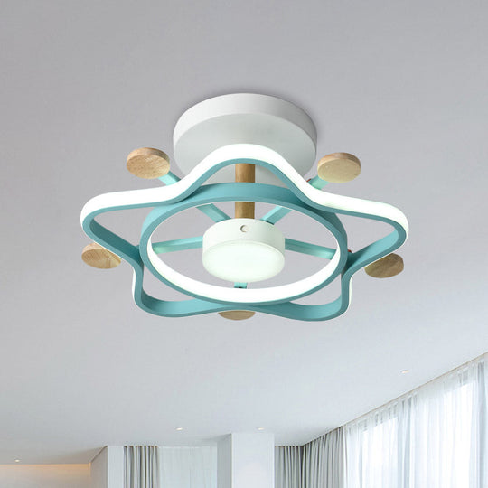 Kid’s Pink/Blue Wood Pentagram Led Semi Flush Light - Ceiling Lighting For Baby Room In Warm/White