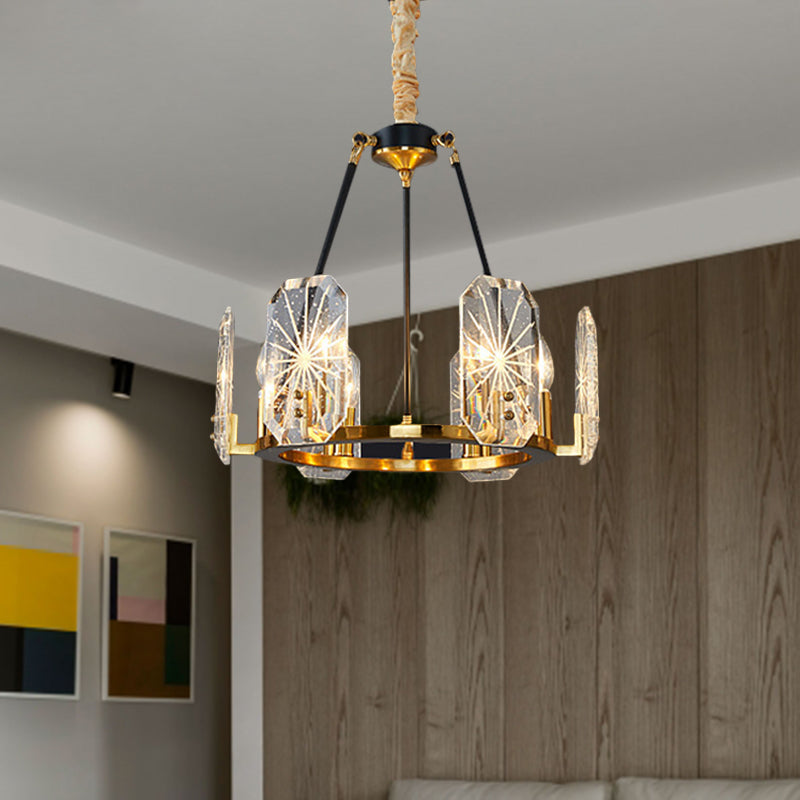 Gold Circular Crystal Panels Chandelier - Postmodern 6-Head Living Room Pendant Light